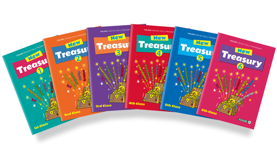 New Treasury, Folens English skills school books for 1st class, 2nd class, 3rd class, 4th class, 5th class, 6th class.